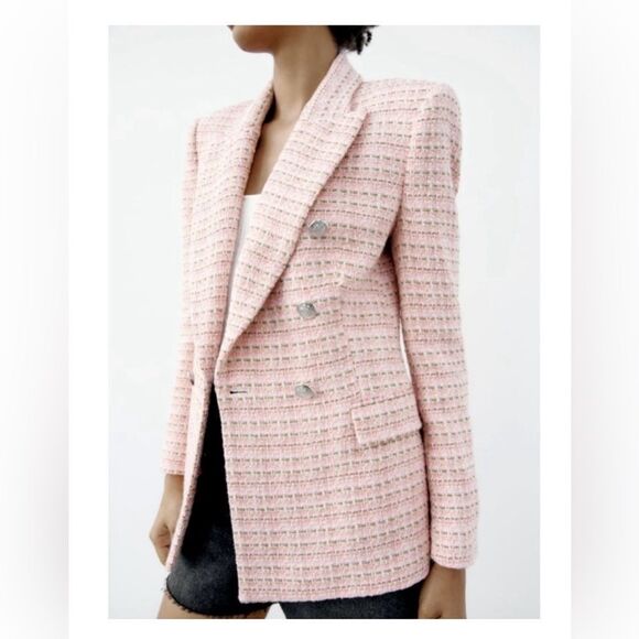 Zara Women’s Pink Double Breasted Textured Weave Blazer Jacket - Picture 1 of 16
